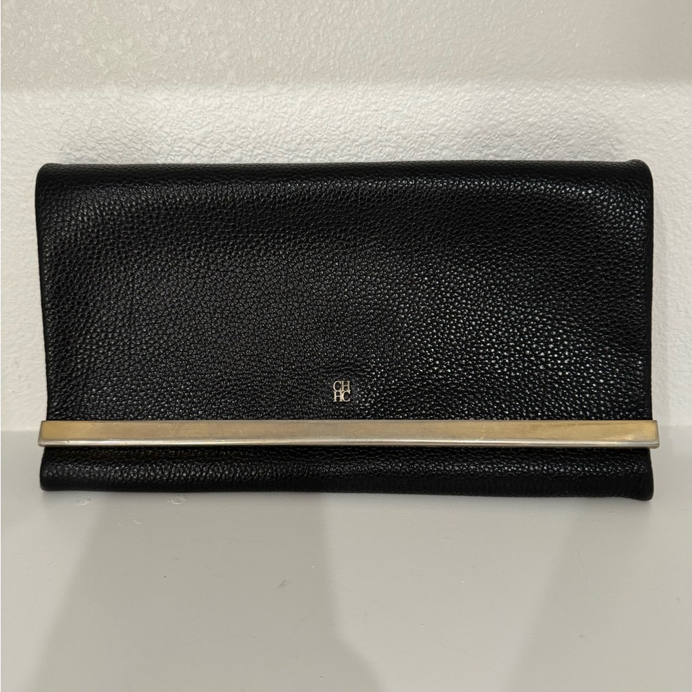 CH CAROLINA HERRERA Black GRAINED leather CLUTCH / CROSSBODY HANDBAG